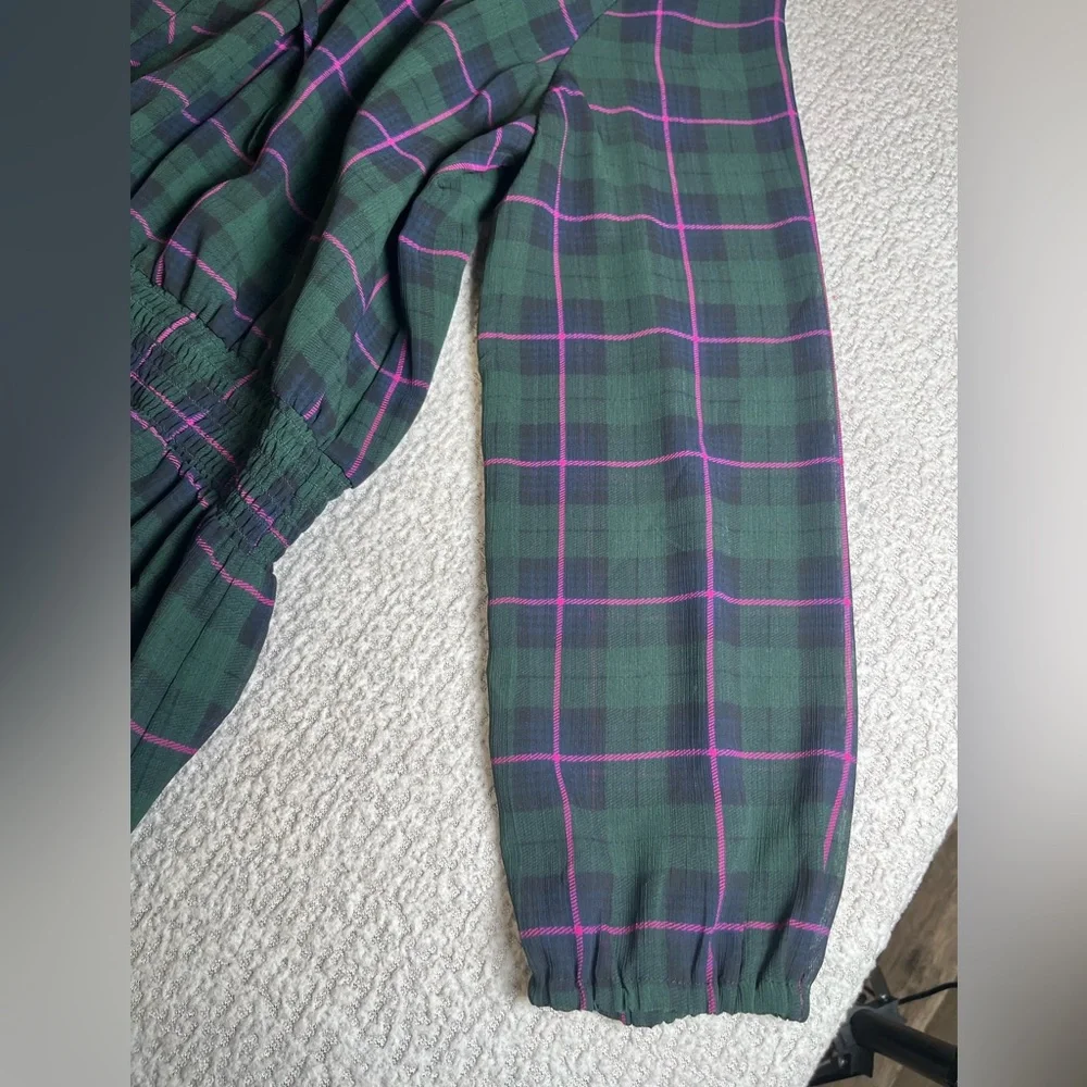 J.CREW Dark Green Plaid Blouson Dress, Ruffle Tie Collar Puff Sleeve Size Medium